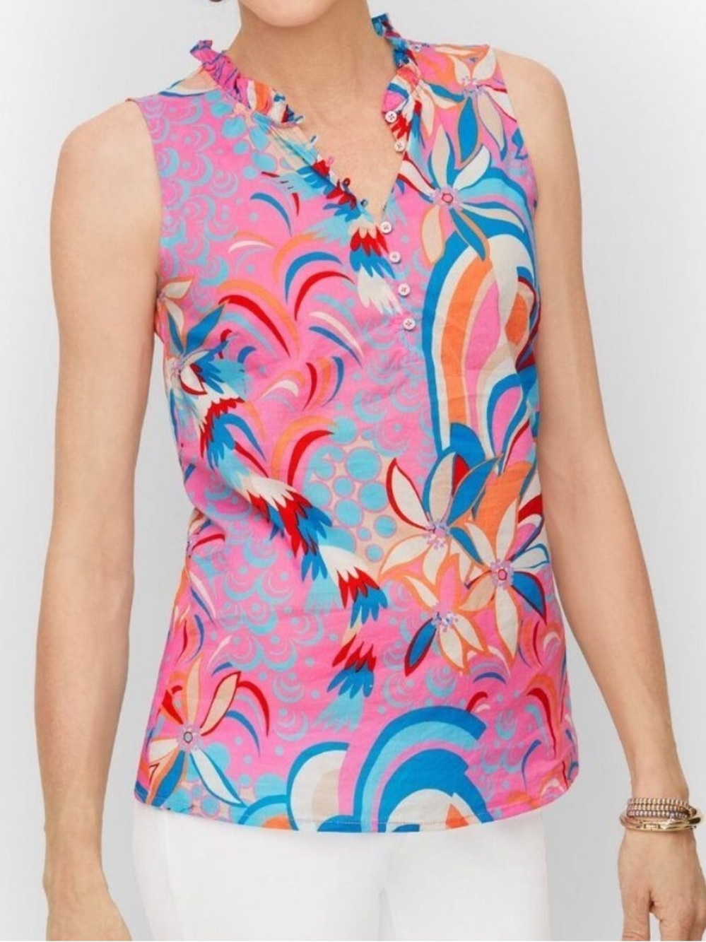 Talbots Ruffle V-Neck Button-Up Sleeveless Top Size Medium in EUC